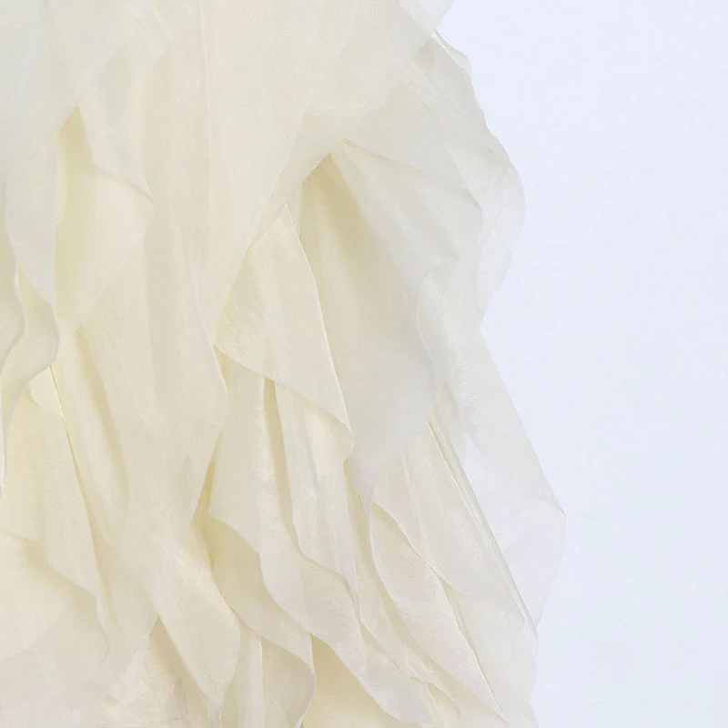Semi Sheer Chiffon Layered Ruffle Puff Sleeve Round Neck Cropped Blouse - Image 5