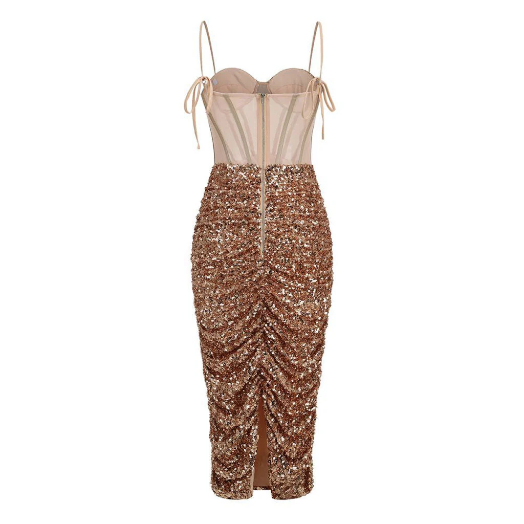 Semi Sheer Sweetheart Ruched Sequin Split Bodycon Corset Midi Cocktail Dress - Image 2
