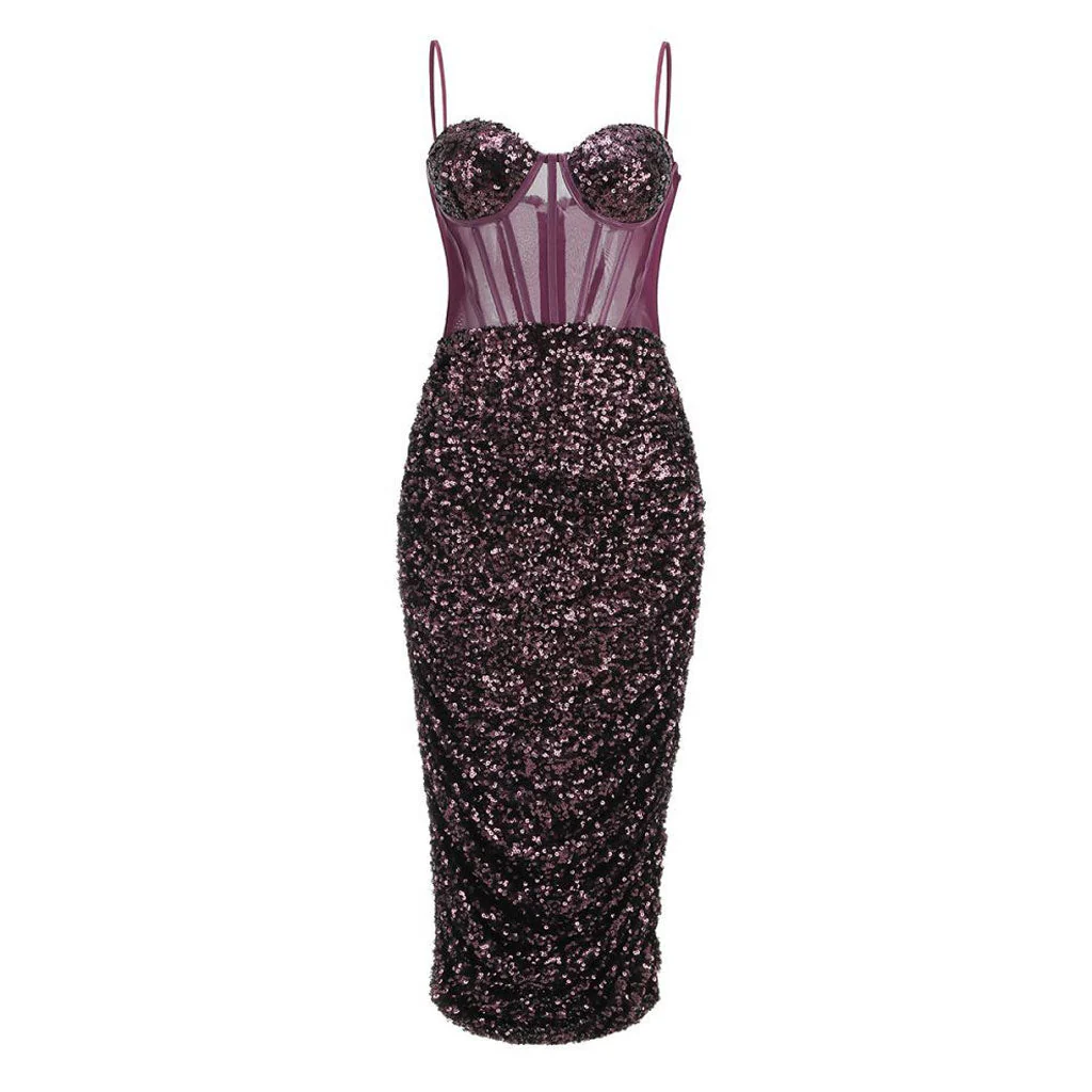 Semi Sheer Sweetheart Ruched Sequin Split Bodycon Corset Midi Cocktail Dress - Image 3