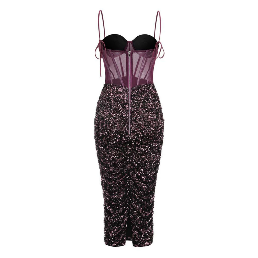 Semi Sheer Sweetheart Ruched Sequin Split Bodycon Corset Midi Cocktail Dress - Image 4