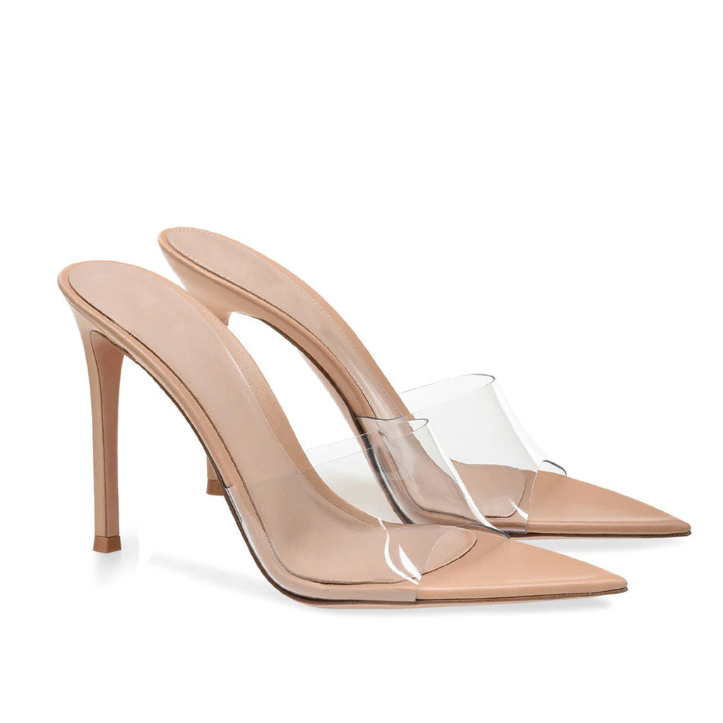 Sensual Clear PVC Pointed Toe Stiletto Mules - Apricot - Image 4