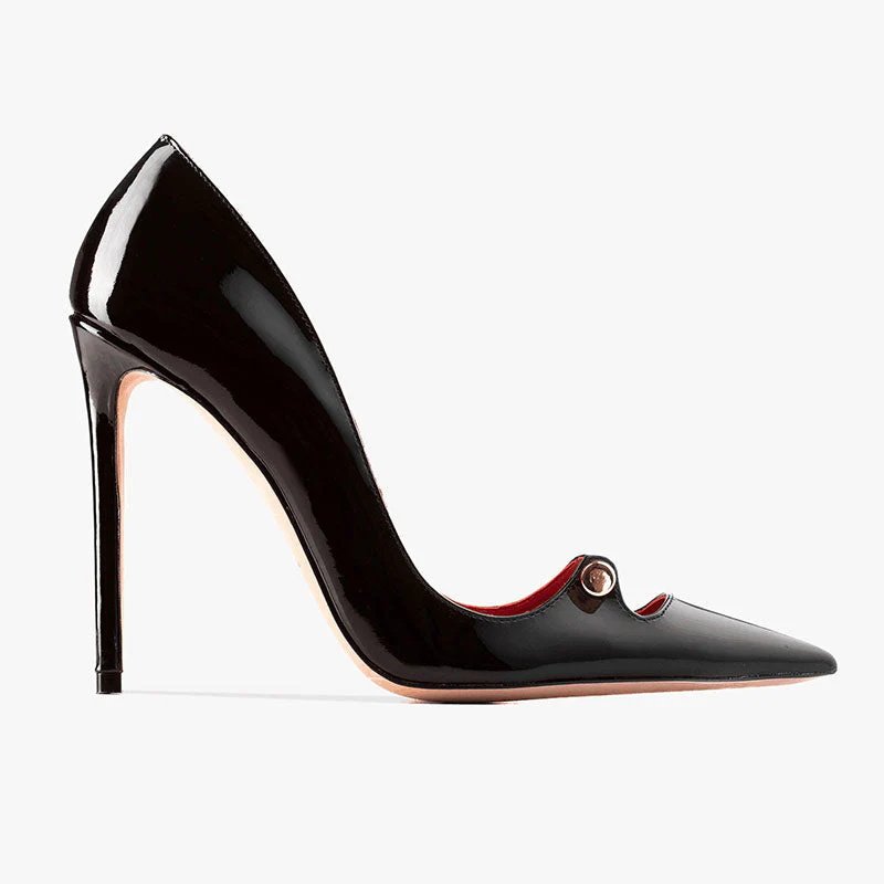 Sensual Metal Bar Detail Pointed Toe Patent Leather Stiletto Pumps - Black - Image 6