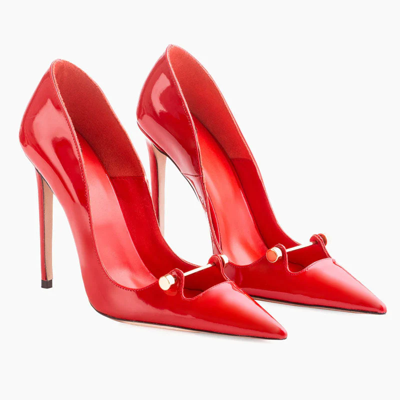 Sensual Metal Bar Detail Pointed Toe Patent Leather Stiletto Pumps - Red - Image 2
