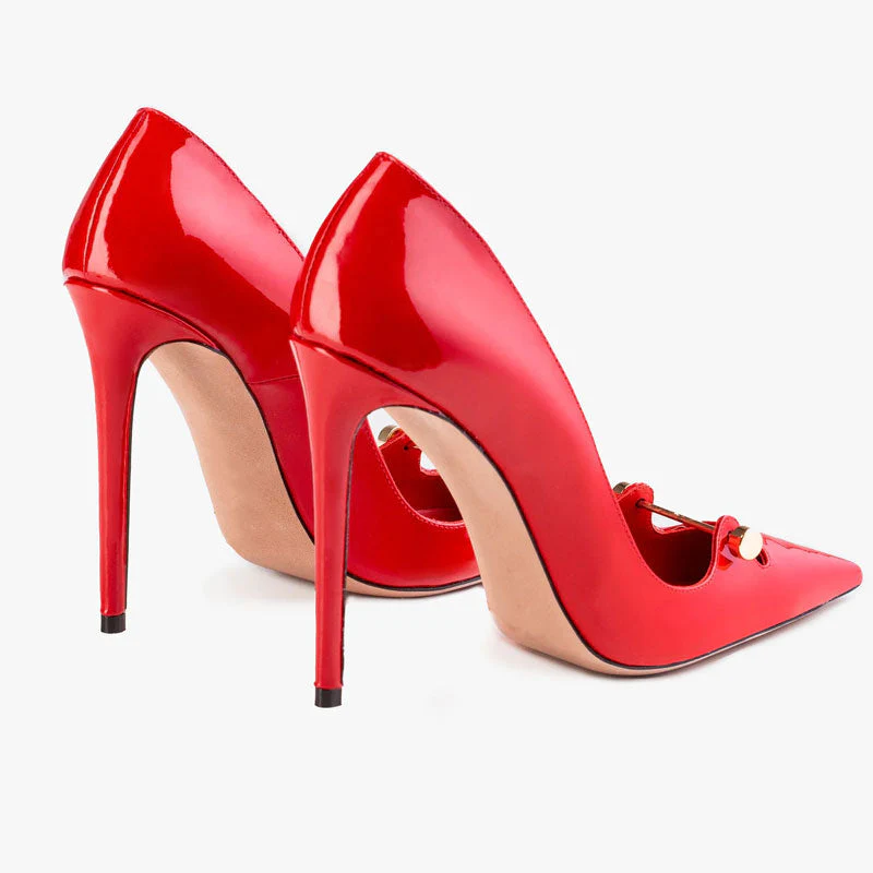 Sensual Metal Bar Detail Pointed Toe Patent Leather Stiletto Pumps - Red - Image 3