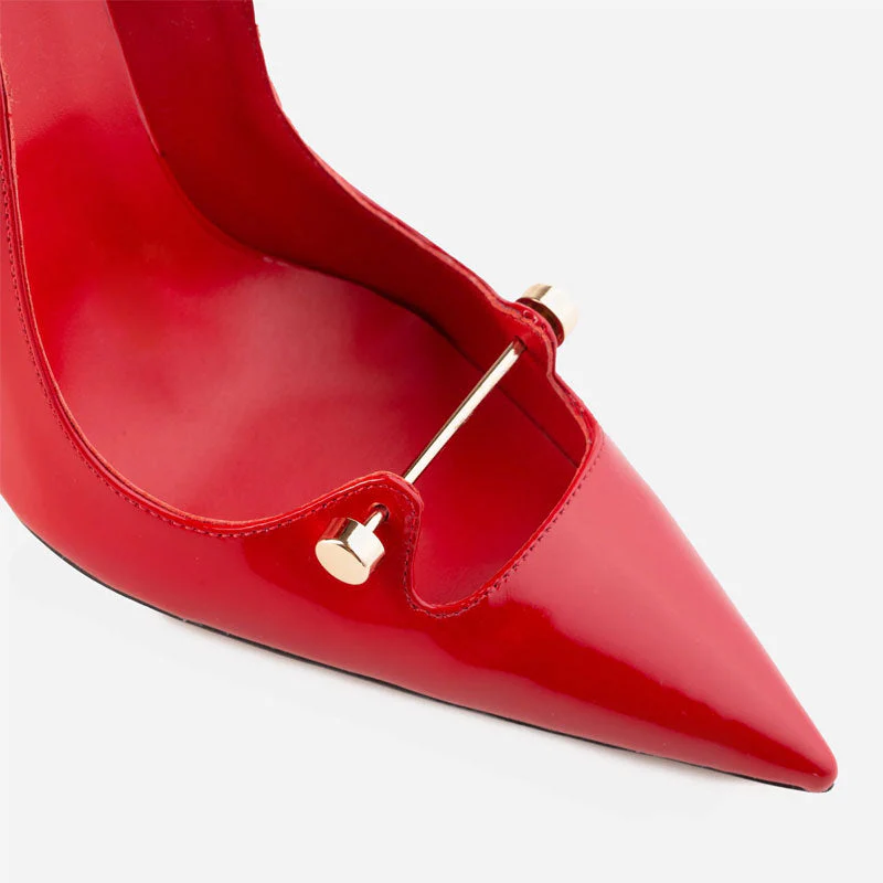 Sensual Metal Bar Detail Pointed Toe Patent Leather Stiletto Pumps - Red - Image 4