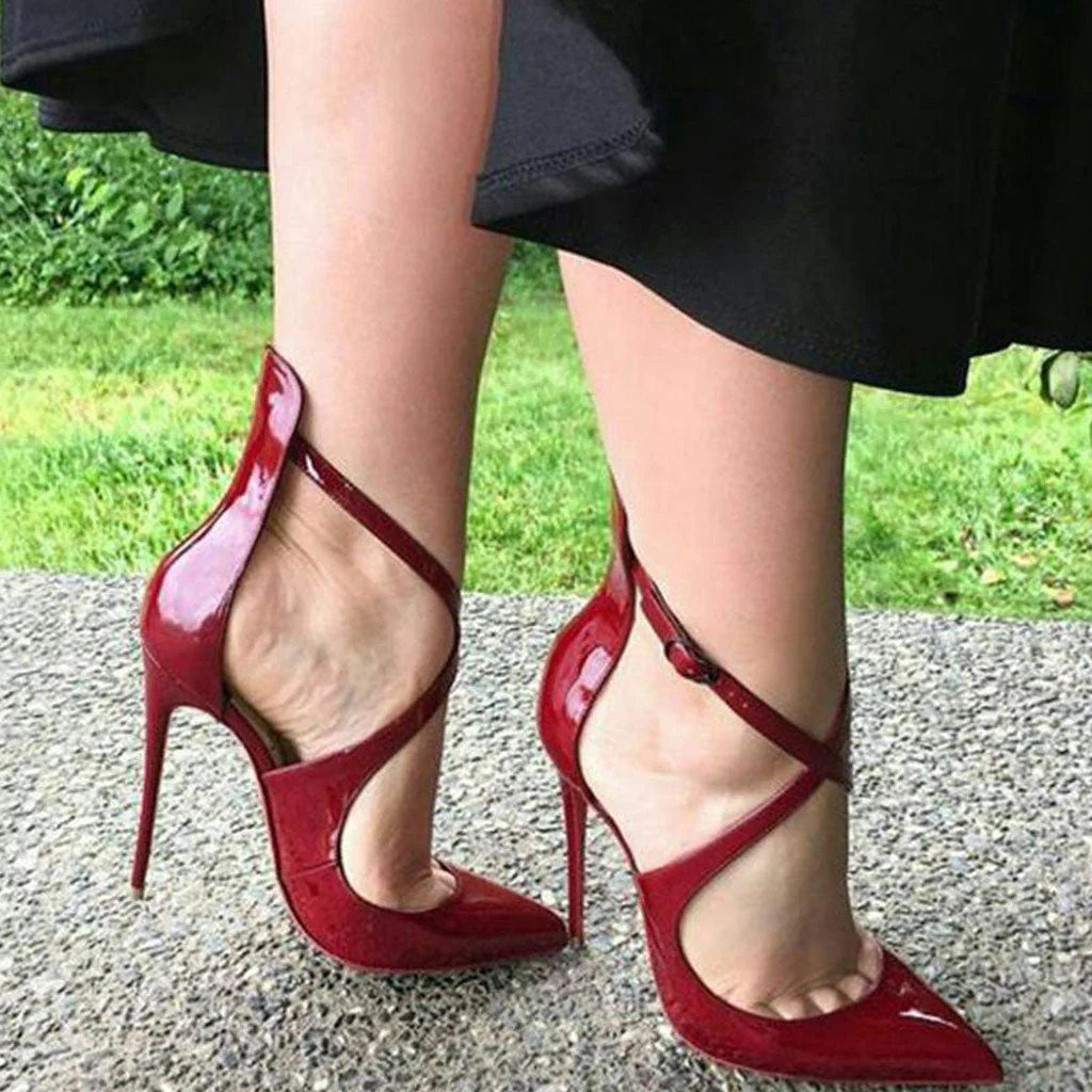 Sensual Patent Leather Cross Strap Pointed Toe Stiletto Pumps - Burgundy - Image 2
