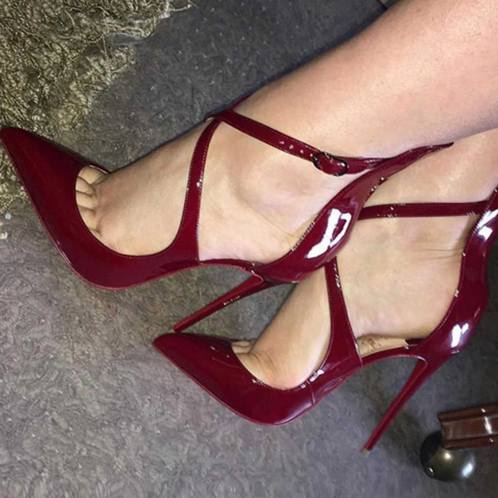 Sensual Patent Leather Cross Strap Pointed Toe Stiletto Pumps - Burgundy - Image 3