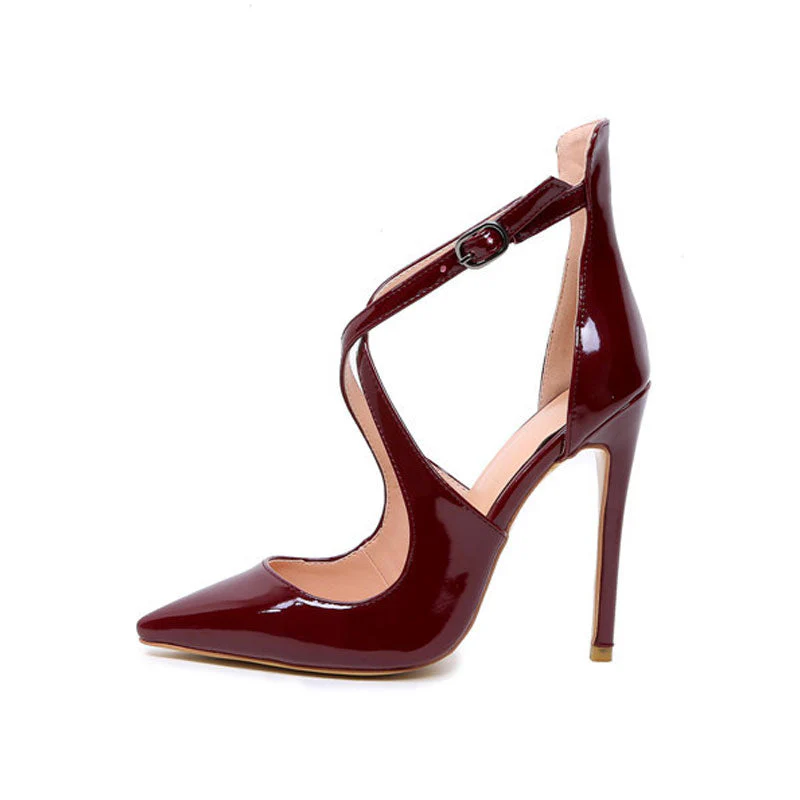 Sensual Patent Leather Cross Strap Pointed Toe Stiletto Pumps - Burgundy - Image 4