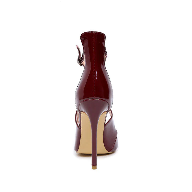 Sensual Patent Leather Cross Strap Pointed Toe Stiletto Pumps - Burgundy - Image 5