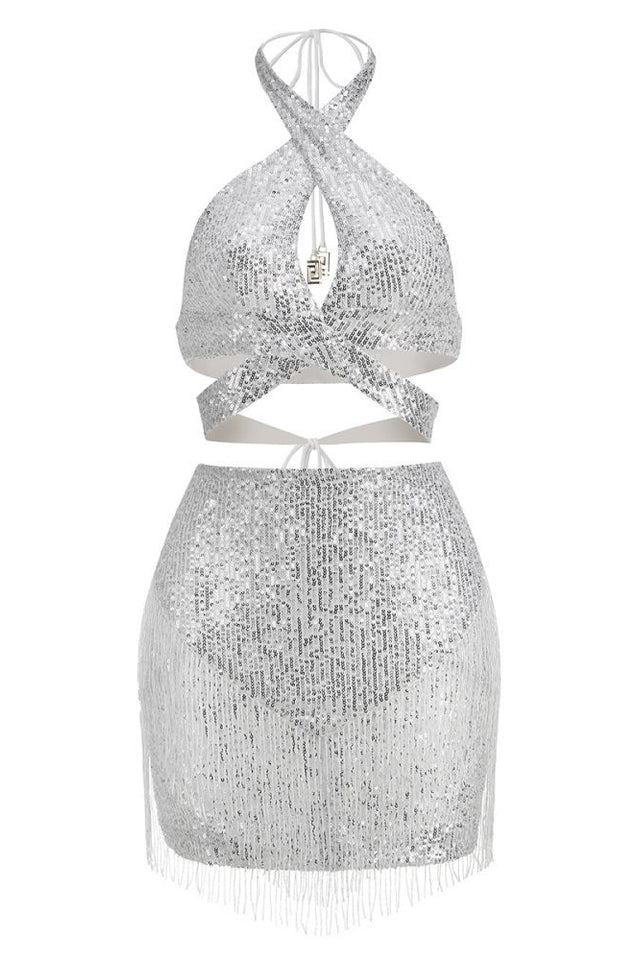 Sequin Cross Halter Neck Tassel Dress Set - Image 5