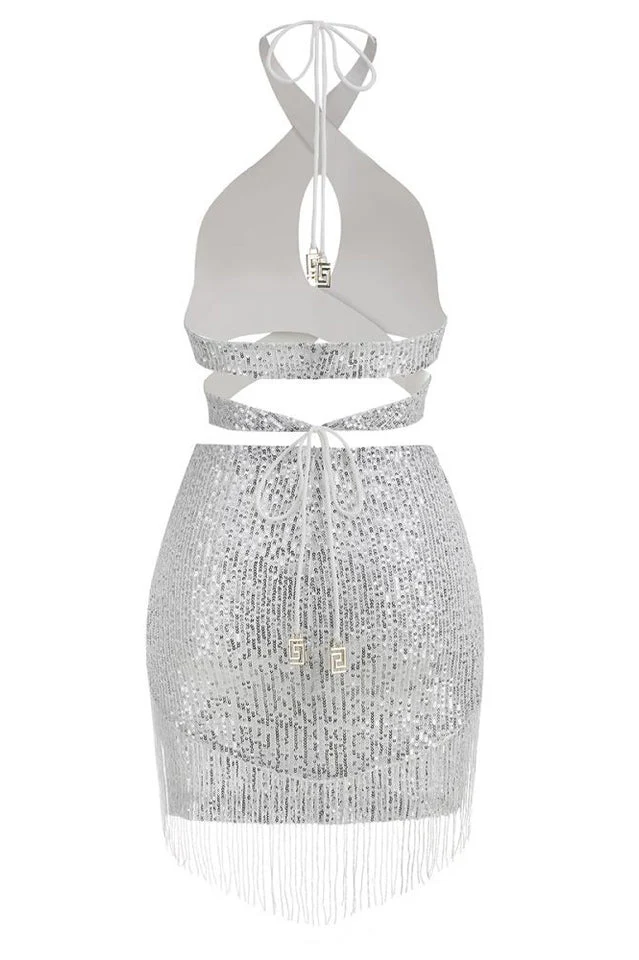 Sequin Cross Halter Neck Tassel Dress Set - Image 6