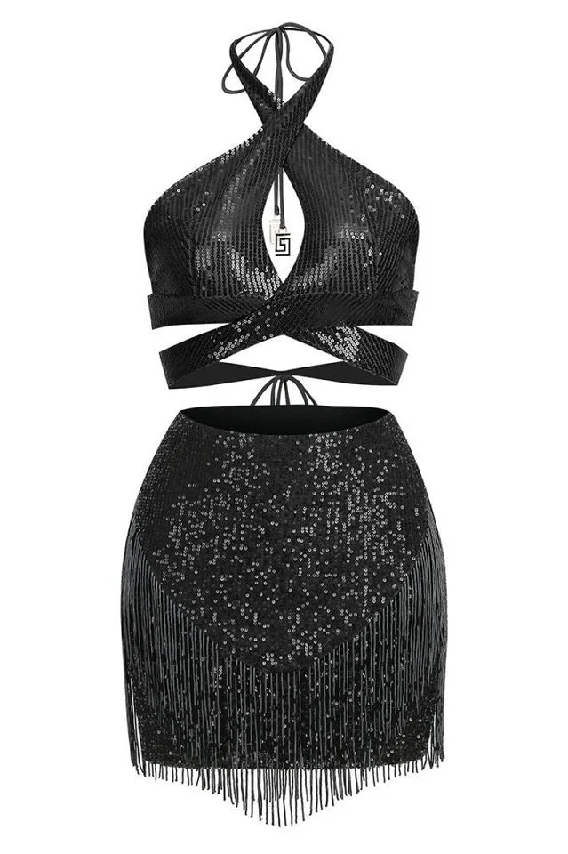 Sequin Cross Halter Neck Tassel Dress Set - Image 7