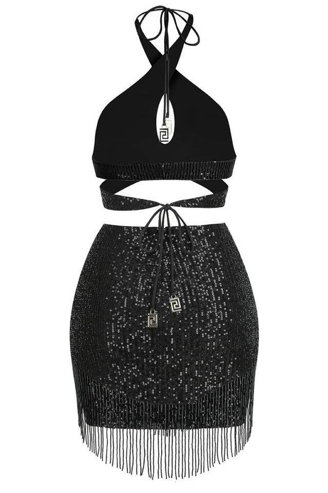 Sequin Cross Halter Neck Tassel Dress Set - Image 8