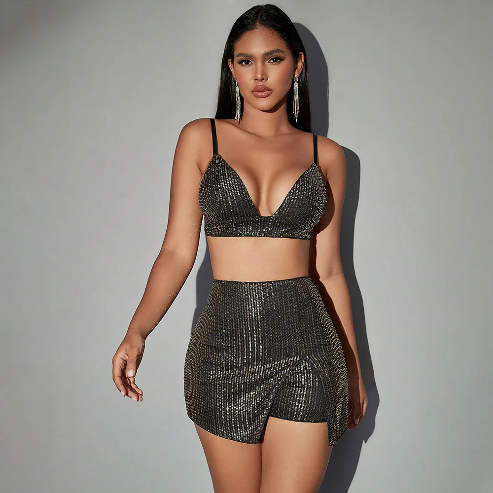 Sequin Cross Halter Neck Tassel Dress Set - Image 9