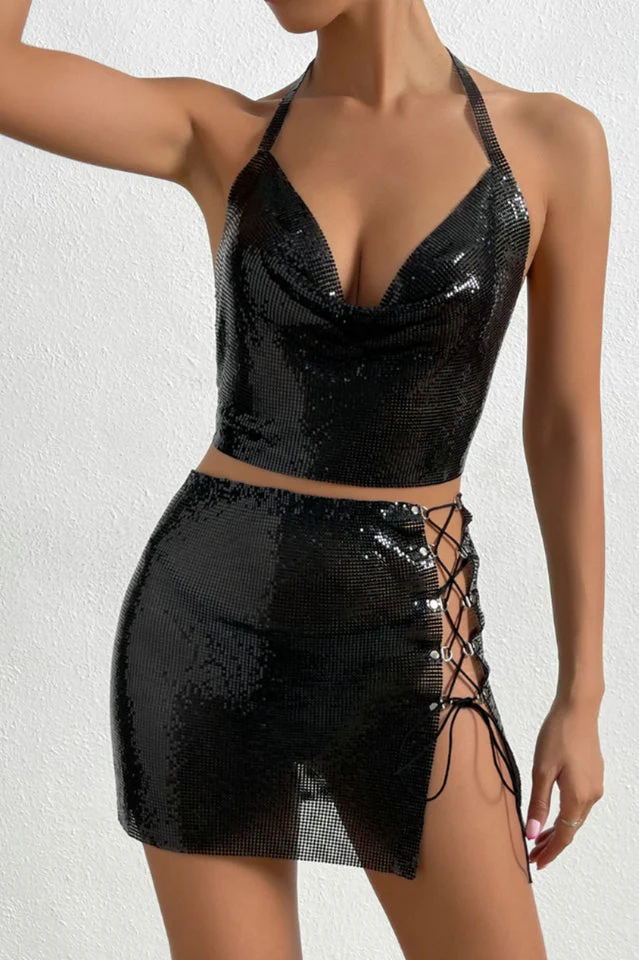 Sequin Tie Back Crop Top + Skirt Set - Image 3