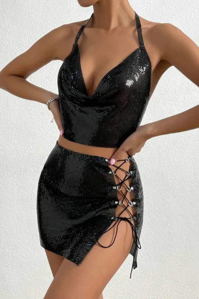 Sequin Tie Back Crop Top + Skirt Set - Image 5