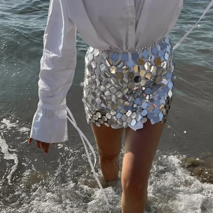 SILVER Glitter SEQUINS Mini Skirt - Image 3