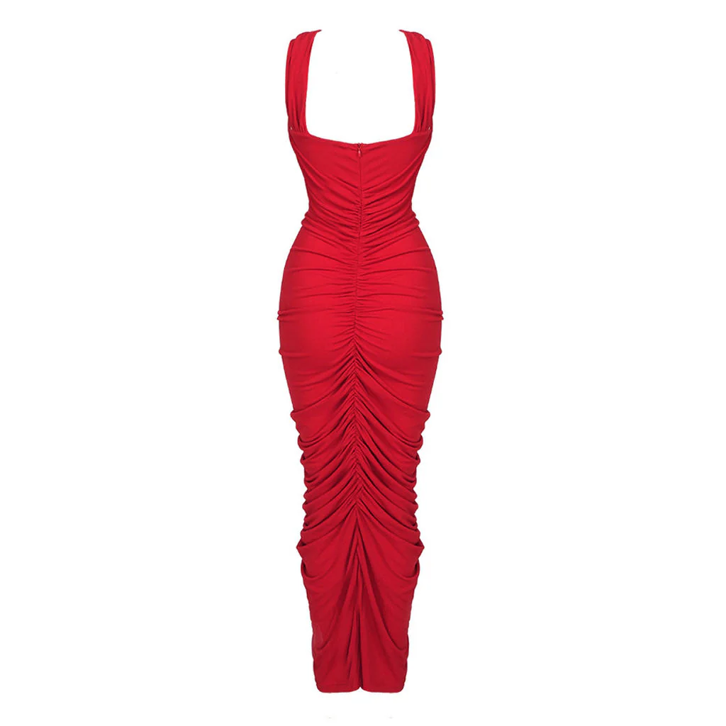 Sexy 3D Rosette Applique Twist Cut Out Cross Neck Bodycon Ruched Midi Dress - Image 3