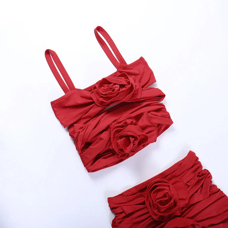 Sexy 3D Rosette Applique Wrap Crop Bodycon Ruched Skirt Matching Set - Image 3