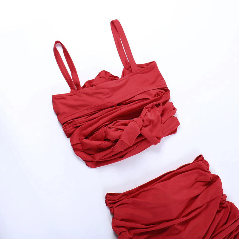 Sexy 3D Rosette Applique Wrap Crop Bodycon Ruched Skirt Matching Set - Image 4