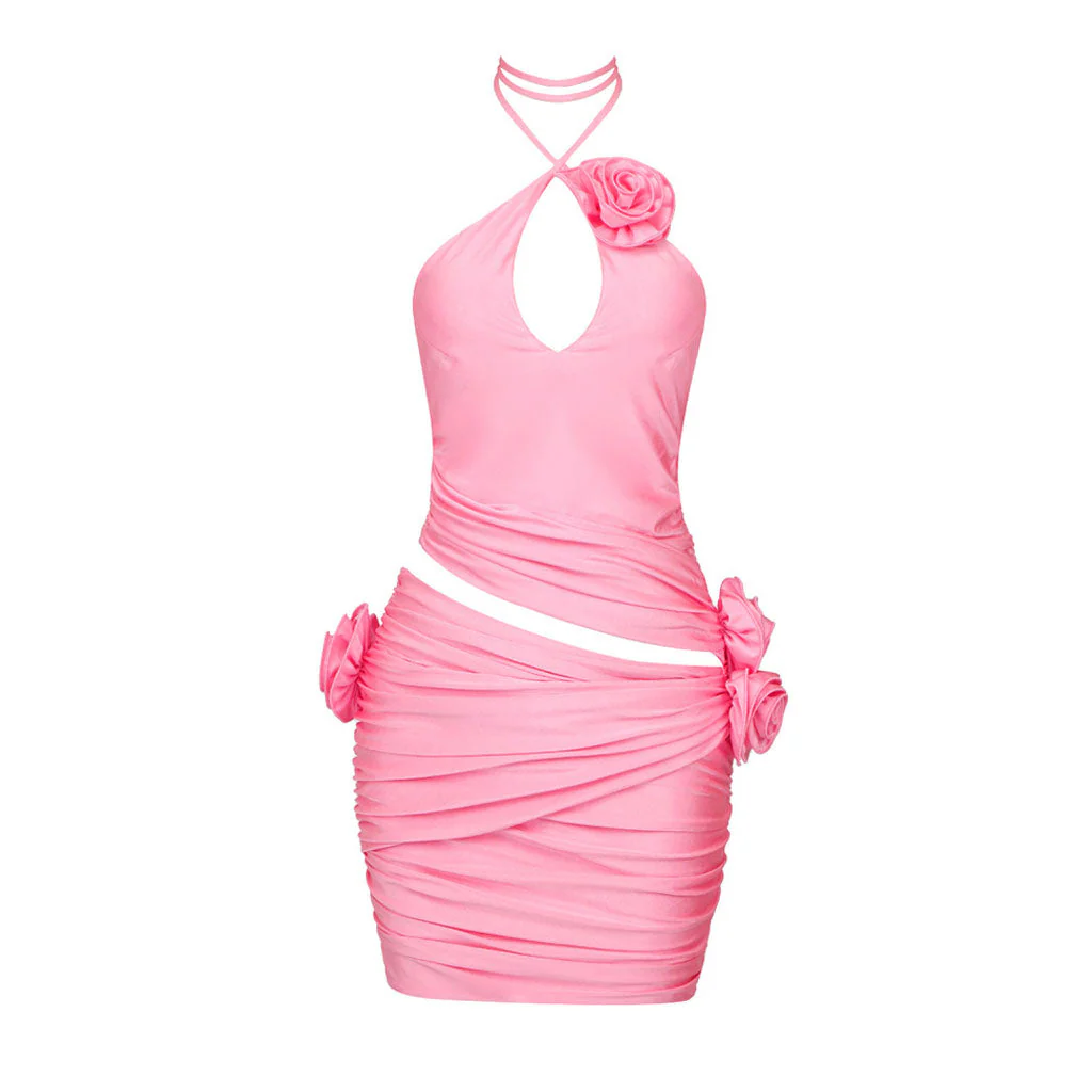 Sexy 3D Rosette Corsage Halter Neck Split CutOut Ruched Bodycon Mini Party Dress - Image 6