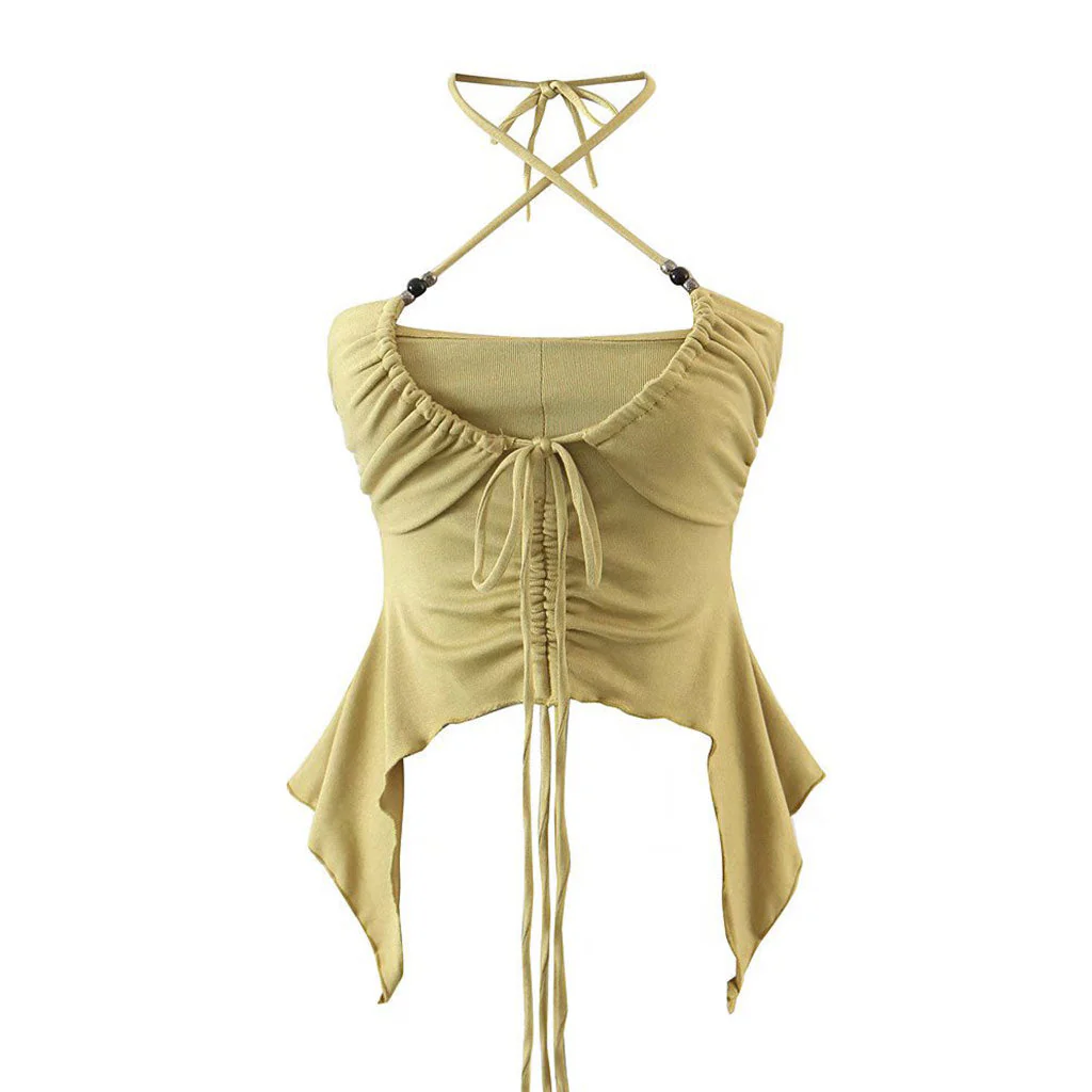 Sexy Beaded Halter Neck Layered Drawstring Ruched Ruffle Crop Top - Image 2