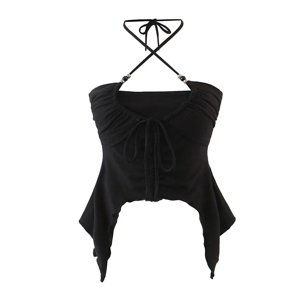 Sexy Beaded Halter Neck Layered Drawstring Ruched Ruffle Crop Top - Image 3