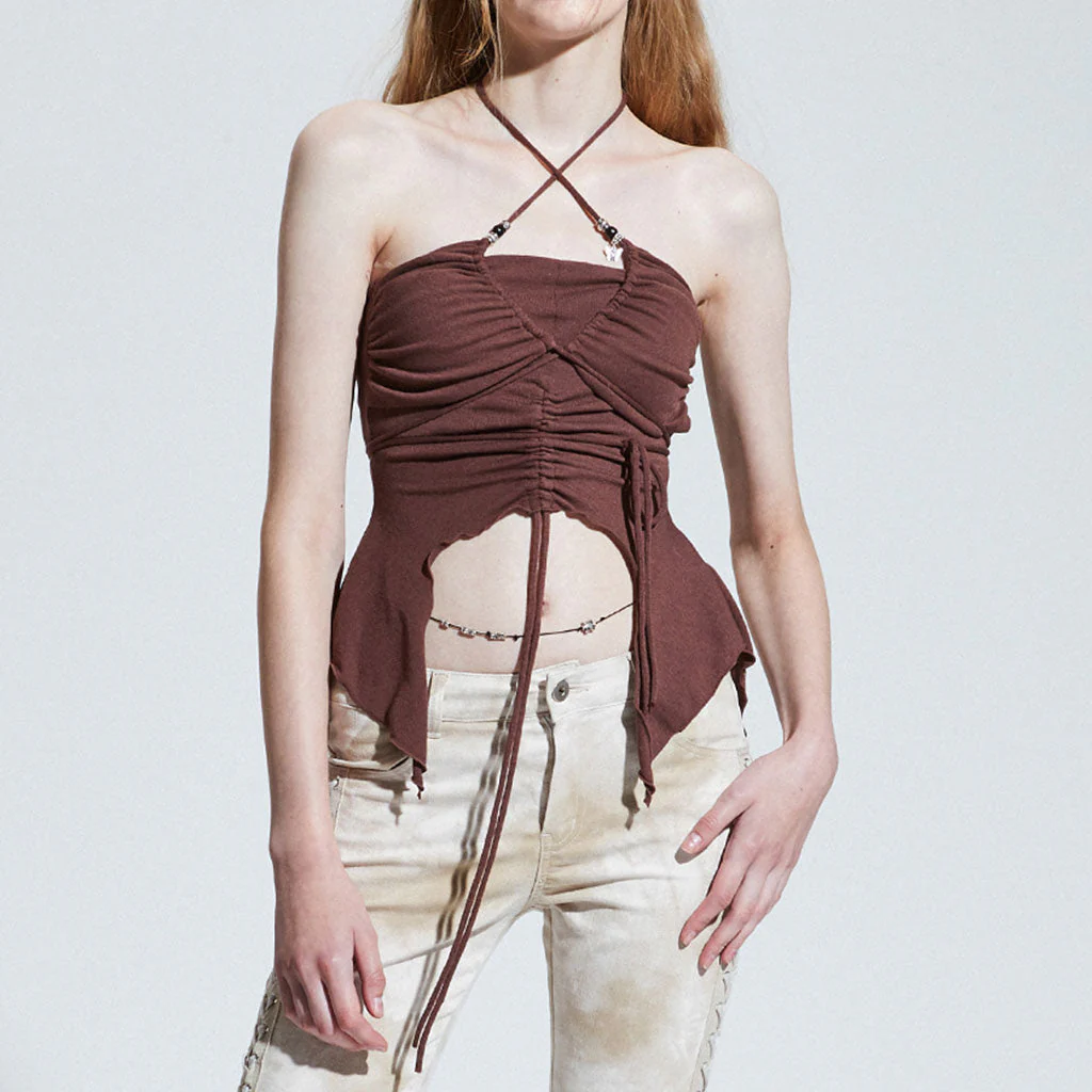 Sexy Beaded Halter Neck Layered Drawstring Ruched Ruffle Crop Top - Image 4
