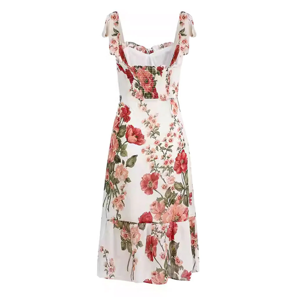Sexy Bloom Floral Print Ruffle Sweetheart Neck High Waist Tie Shoulder FLowy Midi SunDress - Image 2