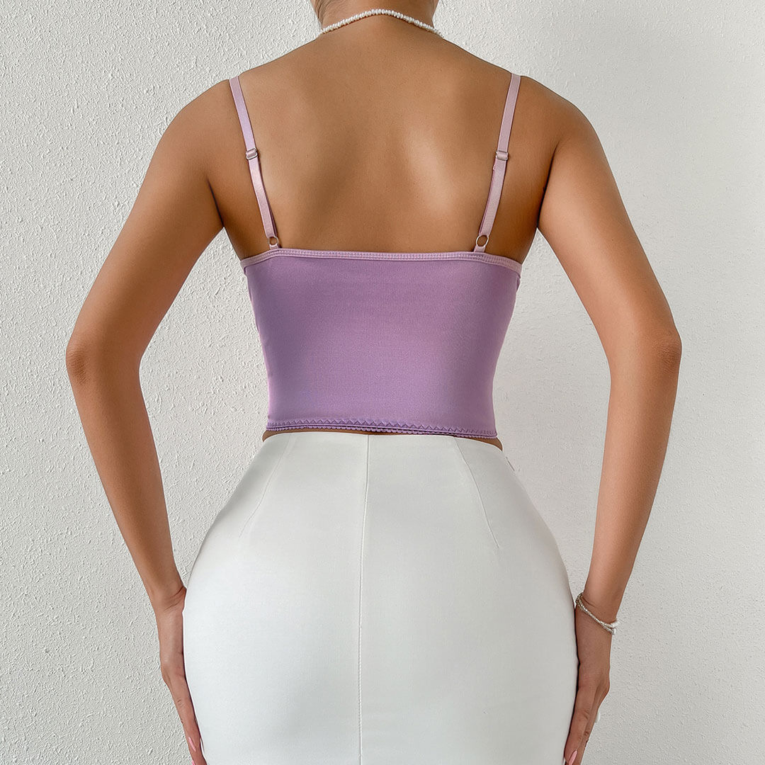 Butterfly Applique Hook and Eye Silky Satin Corset Top - Purple - Image 3
