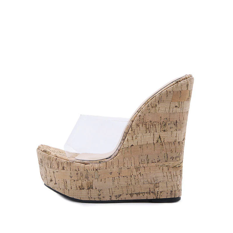 Sexy Clear Open Round Toe Platform Wedge Mules - Apricot - Image 3