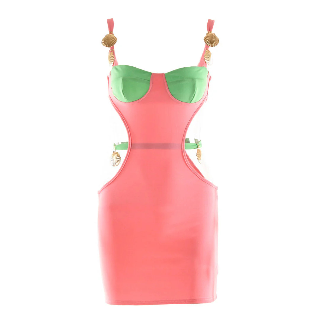 Contrast Color Shells Sleeveless Cutout Party Mini Dress - Pink - Image 3
