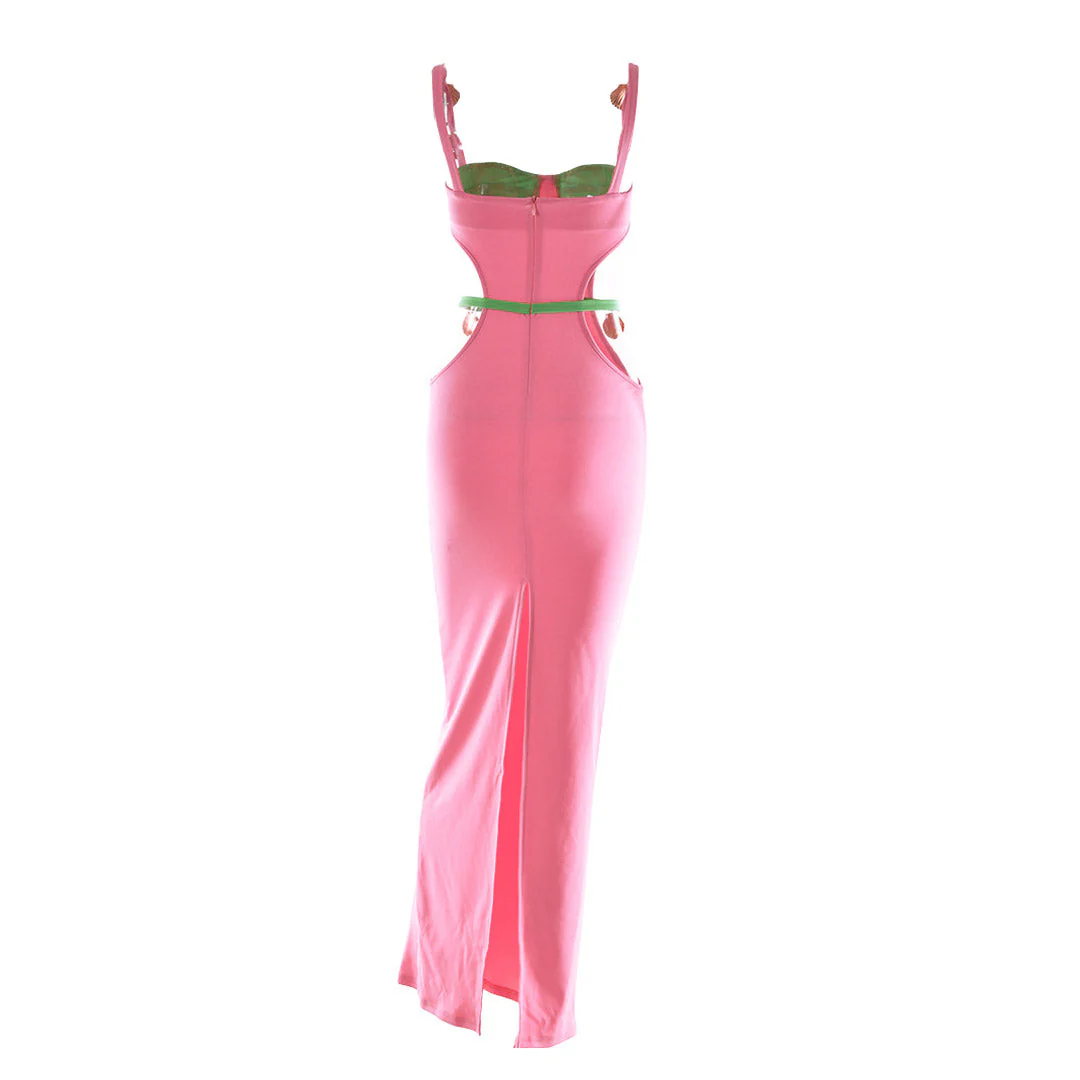 Contrast Color Shells Sleeveless Cutout Prom Maxi Dress - Pink - Image 3