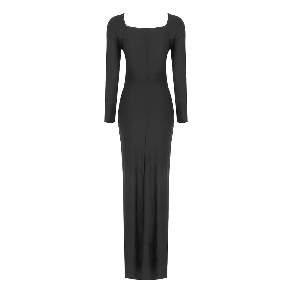 Sexy Crew Neck Knotted Twist CutOut Long Sleeve Thigh Split Maxi Evening Dress - Image 4