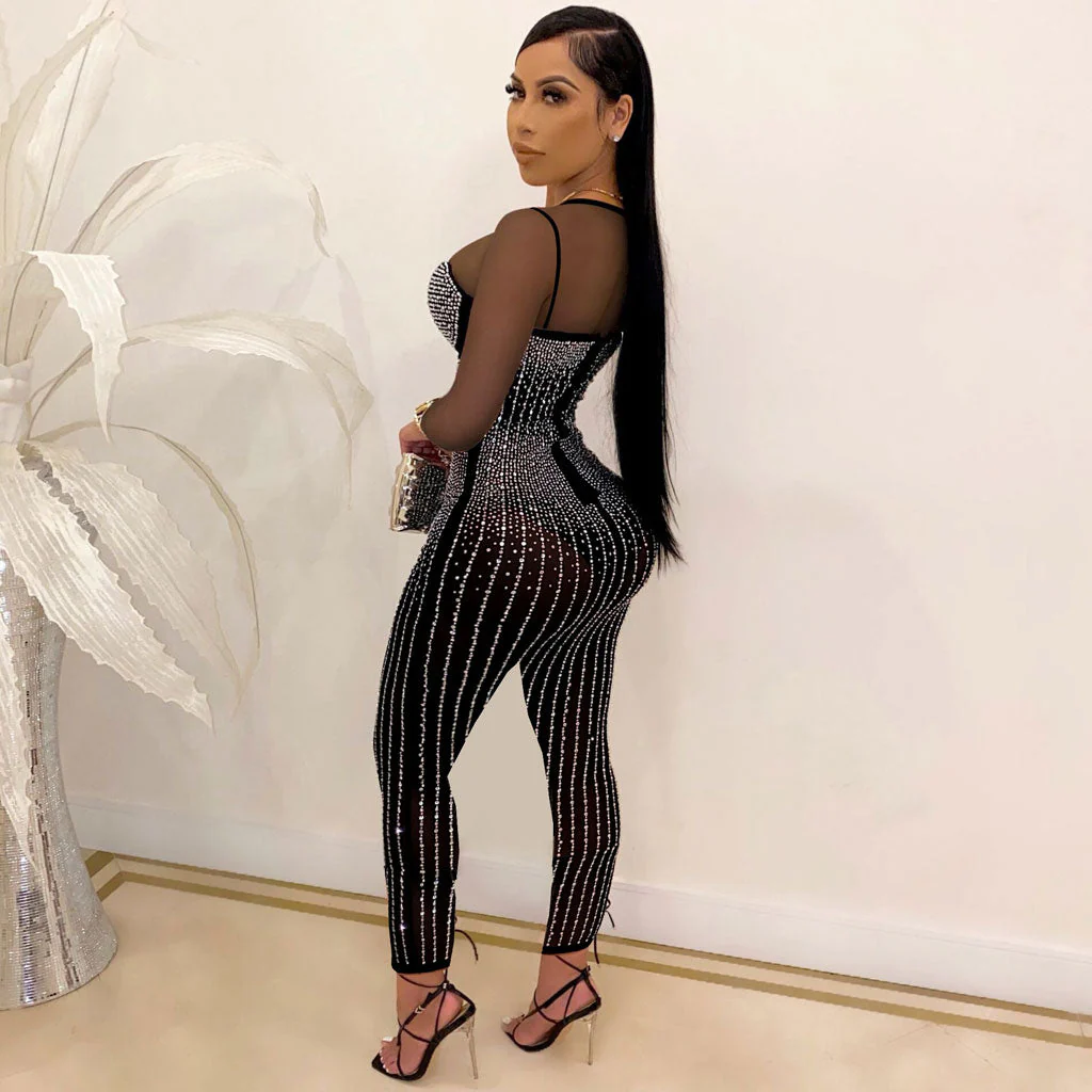 Sexy Crew Neck Long Sleeve Sheer Mesh Panel Bodycon Glitter Crystal Jumpsuit - Image 2
