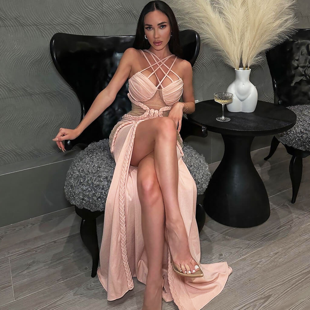 Sexy Criss Cross Braided Mesh CutOut Front Slit Maxi Evening Dress - Dusty Pink - Image 2