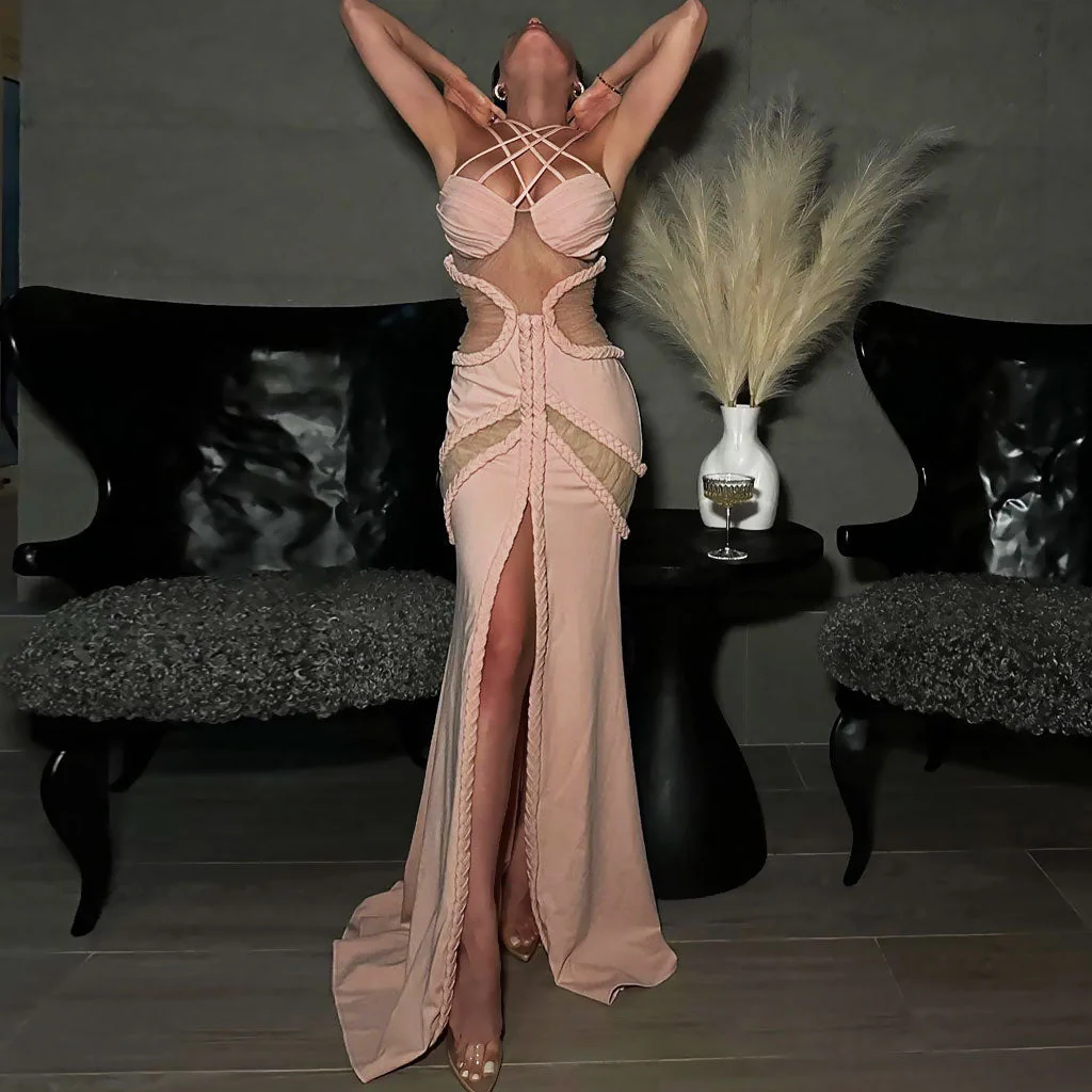 Sexy Criss Cross Braided Mesh CutOut Front Slit Maxi Evening Dress - Dusty Pink - Image 3