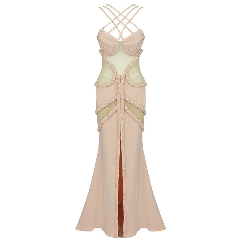 Sexy Criss Cross Braided Mesh CutOut Front Slit Maxi Evening Dress - Dusty Pink - Image 4