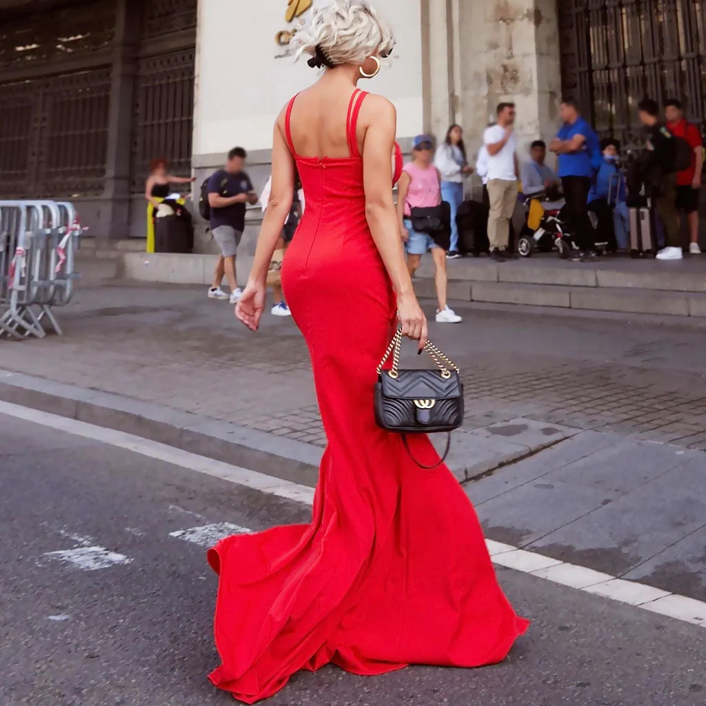 Sexy Criss Cross Braided Mesh CutOut Front Slit Maxi Evening Dress - Red - Image 4