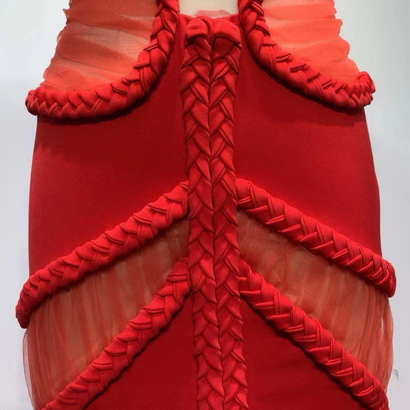 Sexy Criss Cross Braided Mesh CutOut Front Slit Maxi Evening Dress - Red - Image 5