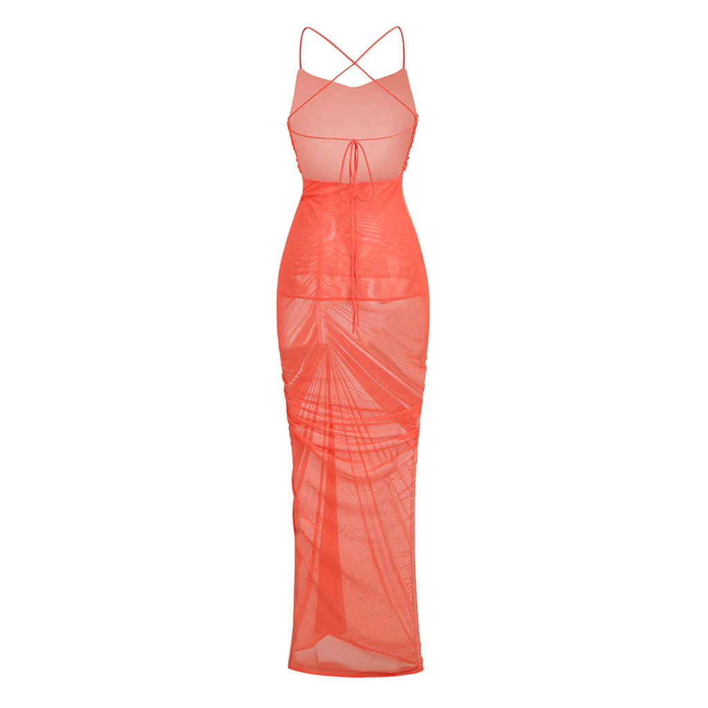 Sexy Crisscross Backless Semi Sheer Mesh Ruched Thigh Split Maxi Evening Dress - Image 2