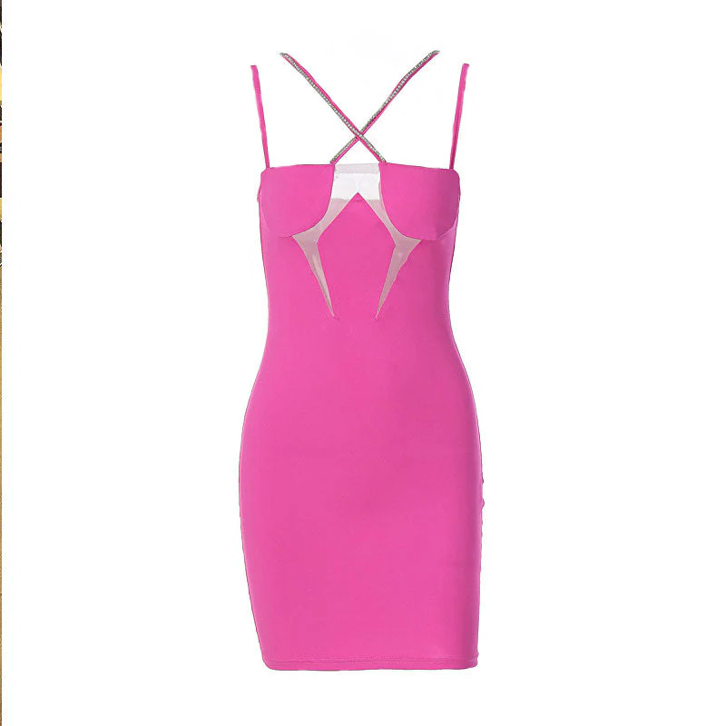 Crisscross Rhinestone Detail Sheer Mesh Party Mini Dress - Hot Pink - Image 3