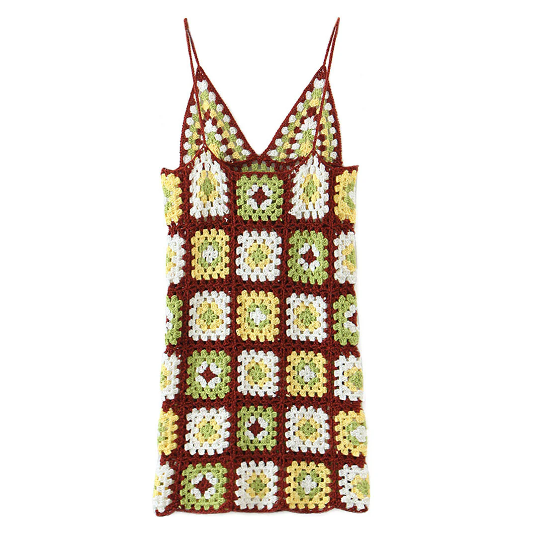 Crochet Knit Granny Square Patterns Slip Mini Dress - Burgundy - Image 3