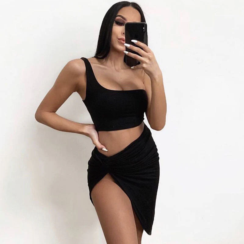 Cropped One Shoulder High Slit Skirt Matching Set - Black - Image 2