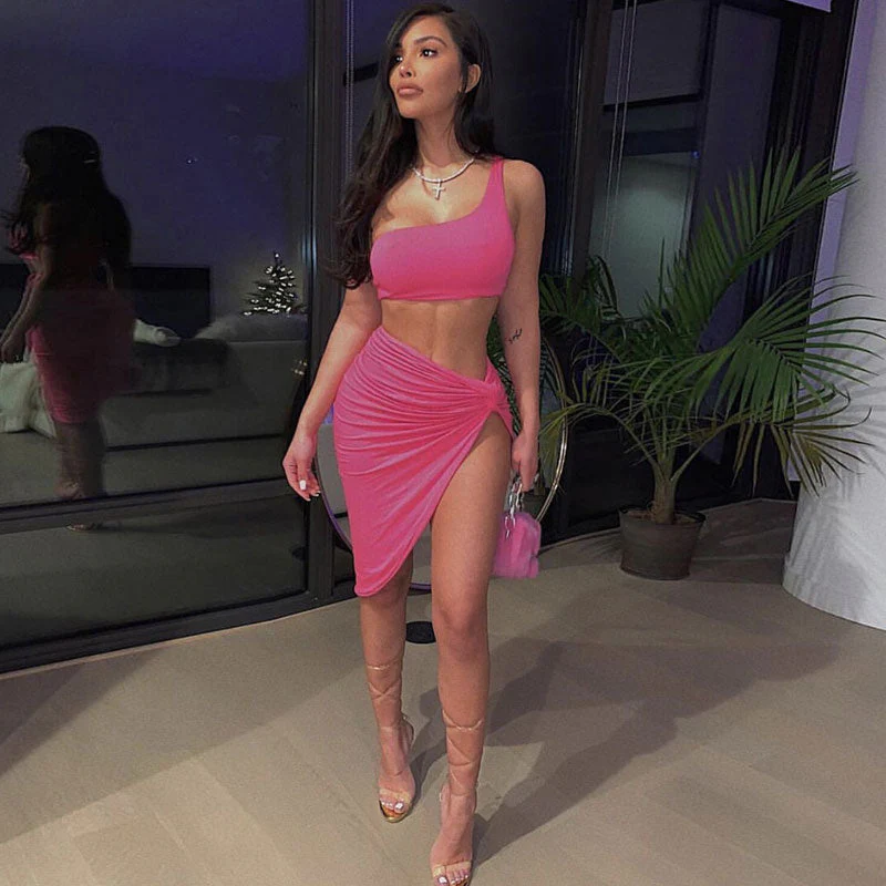 Cropped One Shoulder High Slit Skirt Matching Set - Pink - Image 3