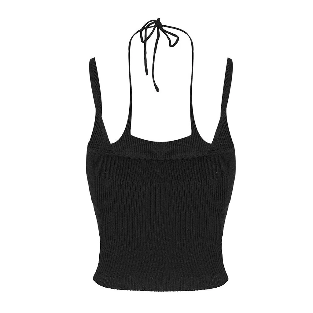 Sexy Cross Front Halter Neck Fitted Ribbed Knit Layered Crop Top - Image 3