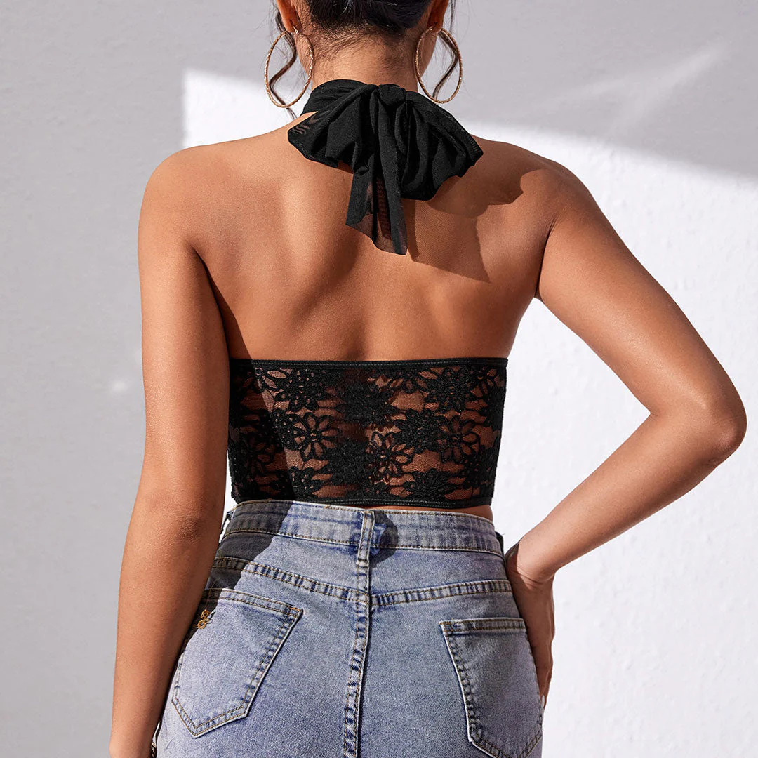 Crossed Halter Neck Lace Floral Mesh Cropped Corset Top - Black - Image 3