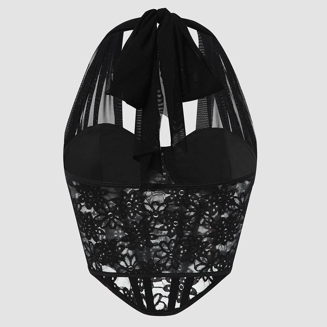 Crossed Halter Neck Lace Floral Mesh Cropped Corset Top - Black - Image 4