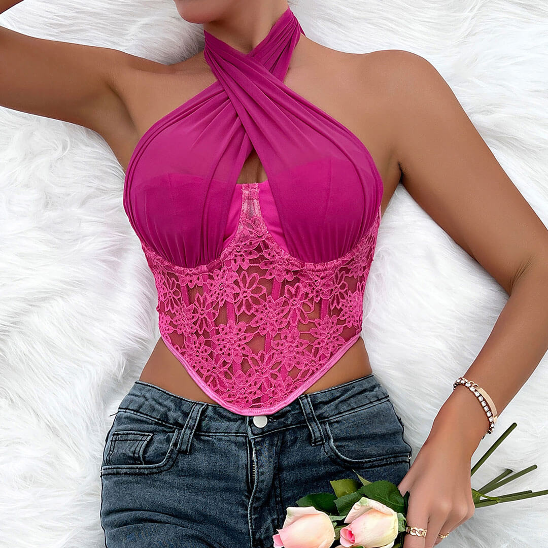 Crossed Halter Neck Lace Floral Mesh Cropped Corset Top - Rose - Image 2