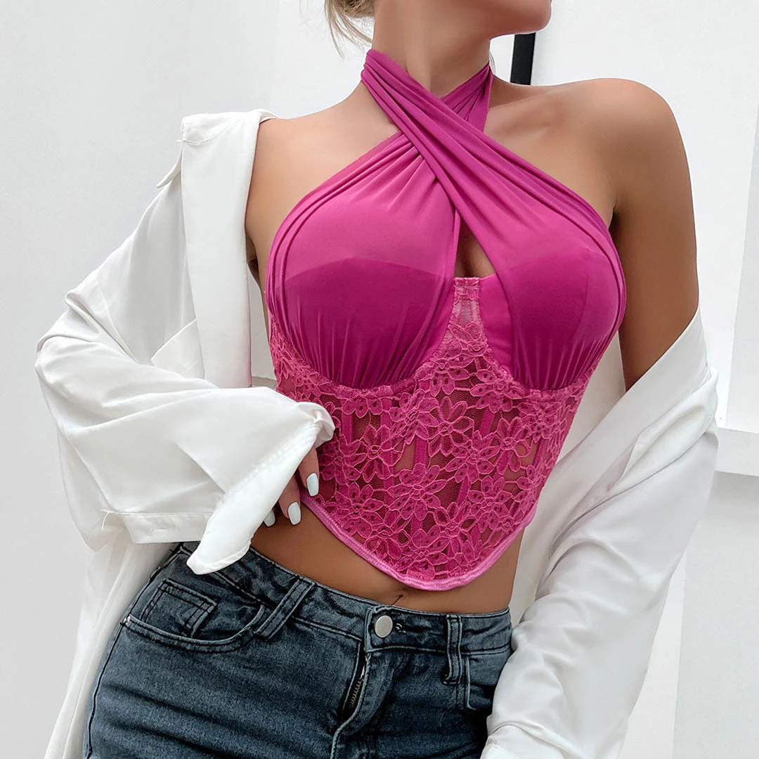 Crossed Halter Neck Lace Floral Mesh Cropped Corset Top - Rose - Image 3